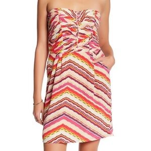 Charlie Jade Y2K 100% Silk Strapless Dress in Pink and White Modern Print